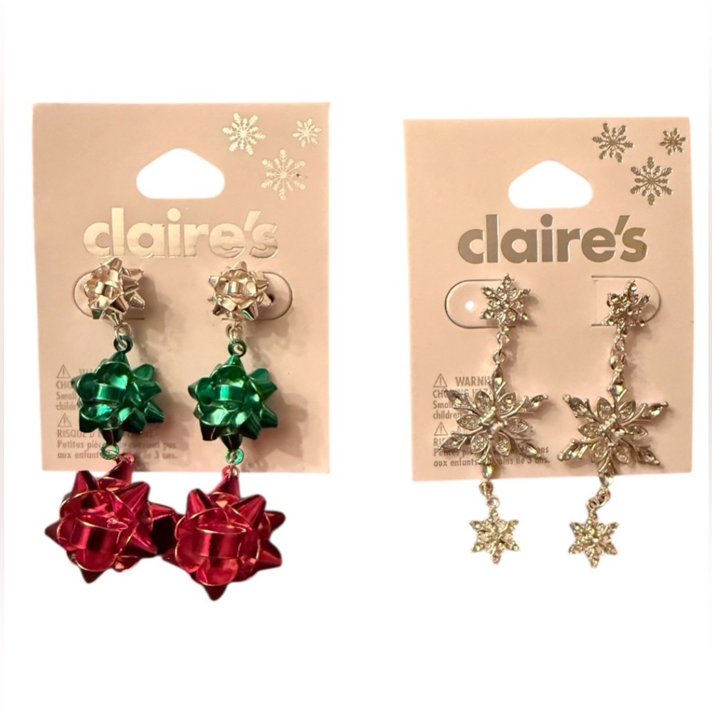 NWT Claire’s Christmas Earrings Lot 2 Gift Bow & Snowflake Dangle Holiday